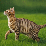 Miniature tiger Toyger cat sitting and looking alert