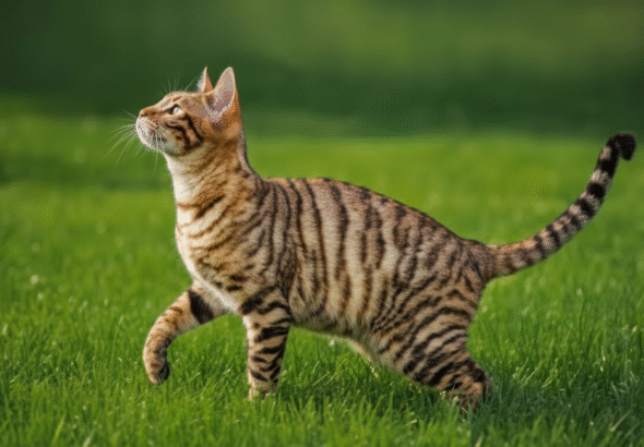 Miniature tiger Toyger cat sitting and looking alert