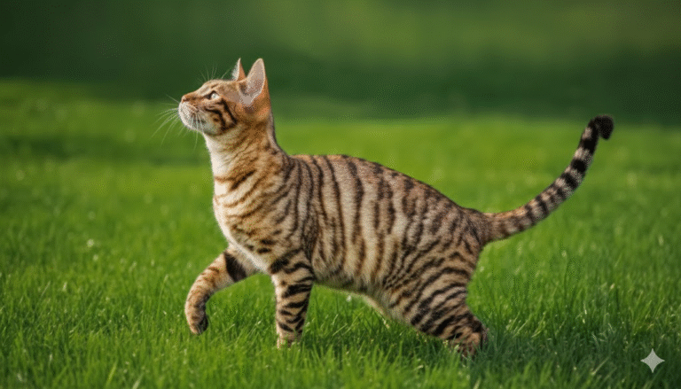 Miniature tiger Toyger cat sitting and looking alert